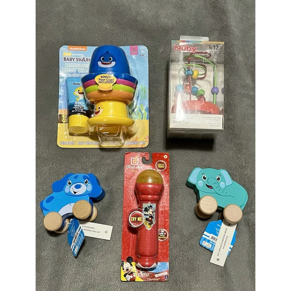 TOY LOT Baby Shark Body Wash & Stack‎ Cups, Nuby Bead Gym, Mickey, Wood Toy Cars